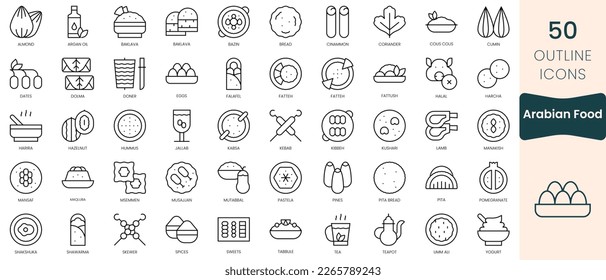 Set of arabian food icons. Thin linear style icons Pack. Vector Illustration