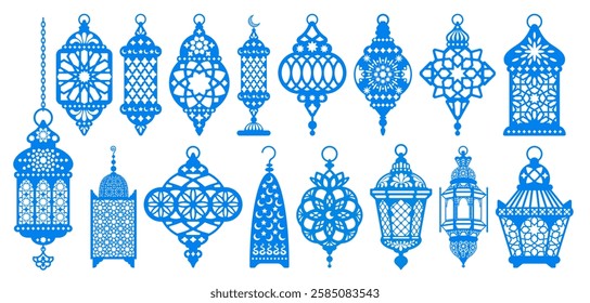 Set of arabian lanterns, arabic lamps with patterns. Fanous, Ramadan lantern, flat, silhouette vintage design. Eastern, turkish, moroccan traditional lamp, from metal and glass. Vector illustration