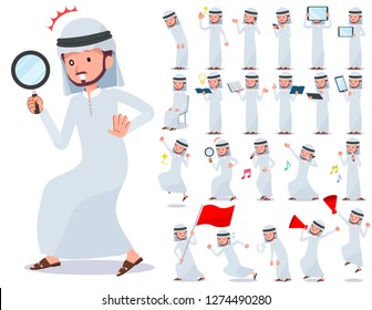 A set of Arabian man with digital equipment such as smartphones.There are actions that express emotions.It's vector art so it's easy to edit.