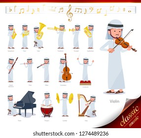 A set of Arabian man on classical music performances.There are actions to play various instruments such as string instruments and wind instruments.It's vector art so it's easy to edit.