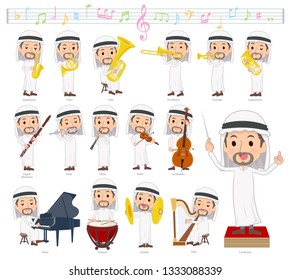 A set of Arabian men on classical music performances.There are actions to play various instruments such as string instruments and wind instruments.It's vector art so it's easy to edit.
