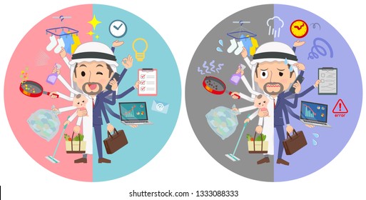 A set of Arabian men who perform multitasking in offices and private.There are things to do smoothly and a pattern that is in a panic.It's vector art so it's easy to edit.
