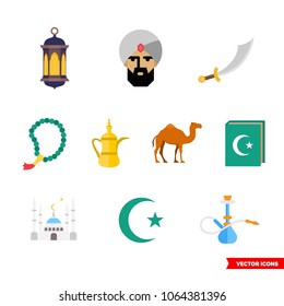 Set arabian muslim icon of 3 types: color, black and white, outline. Isolated vector sign symbol.