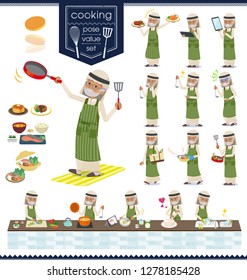 A set of Arabian old man about cooking.There are actions that are cooking in various ways in the kitchen.It's vector art so it's easy to edit.