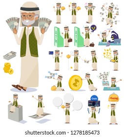 Eine Reihe von arabischen alten Mann mit über Geld und Wirtschaft.Es gibt auch Aktionen auf Erfolg und Misserfolg.Es ist Vektorkunst so ist es einfach zu bearbeiten.