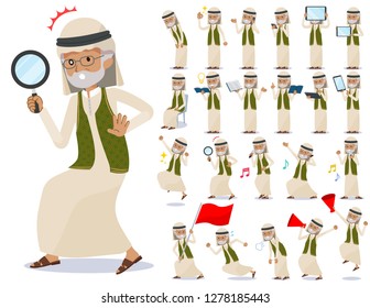 A set of Arabian old man with digital equipment such as smartphones.There are actions that express emotions.It's vector art so it's easy to edit.