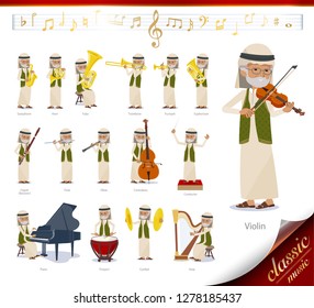 A set of Arabian old man on classical music performances.There are actions to play various instruments such as string instruments and wind instruments.It's vector art so it's easy to edit.