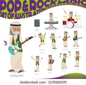 A set of Arabian old man playing rock 'n' roll and pop music.There are also various instruments such as ukulele and tambourine.It's vector art so it's easy to edit.