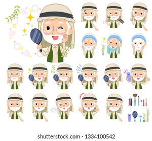 A set of Arabian old men on beauty.There are various actions such as skin care and makeup.It's vector art so it's easy to edit.