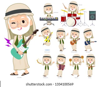A set of Arabian old men playing rock 'n' roll and pop music.There are also various instruments such as ukulele and tambourine.It's vector art so it's easy to edit.
