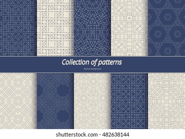 Set in an arabian style patterns. Seamless ethnic tracery. Geometric ornament in blue tones. Stylized arabesques decorating. Vector illustration.
