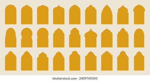 Set arabic arch frame window mosque. Islam traditional geometric shape doors. Ramadan and Eid mubarak. Modern vector illustration