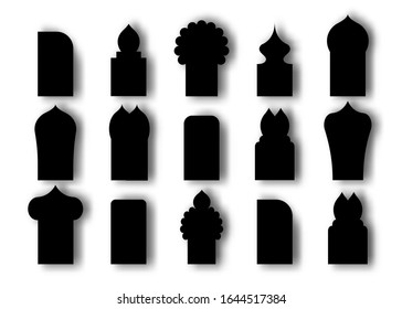 Set Arabic arch window and doors black icon. Traditional design and culture islamic windows. Vector flat style cartoon illustration isolated on white background