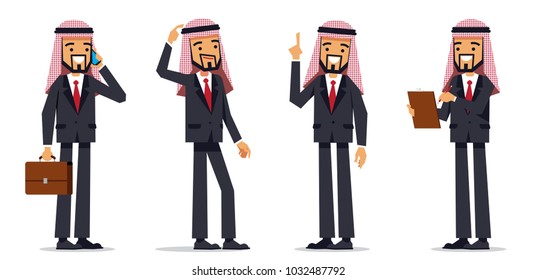 Set of arabic business man in different poses and situations. Vector character design.