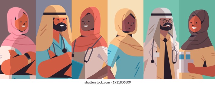 set arabic doctors avatars arab men women wearing hijabs medical workers collection medicine healthcare concept horizontal portrait vector illustration