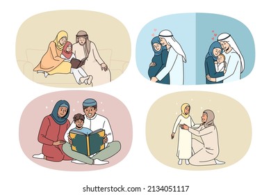 Set of Arabic family with children wear traditional clothes show love and care. Collection of Arabian parents with children. East religion and faith. Arab community concept. Vector illustration. 