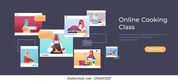 set arabic food bloggers preparing dishes arab chefs in web browser windows online cooking class concept portrait horizontal copy space vector illustration