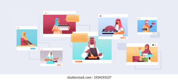 set arabic food bloggers preparing dishes arab chefs in web browser windows online cooking class concept portrait horizontal vector illustration