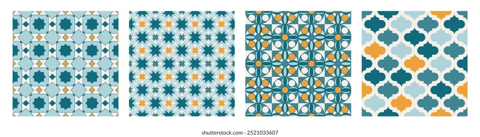 Set of Arabic geometric mosaic printable seamless pattern with abstract Moroccan print in blue and orange colors. Ramadan Kareem Traditional Islamic art Illustration background.