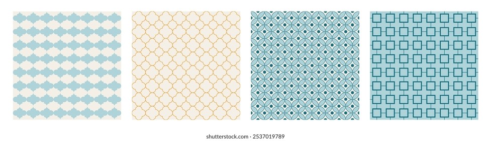 Set von arabischen geometrischen Mosaik druckbare nahtlose Muster mit abstrakten marokkanischen Druck in blau und orange Farben. Ramadan Kareem Traditionelle islamische Kunst Illustration Hintergrund.