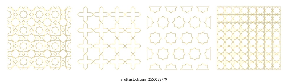 Set of Arabic geometric mosaic printable seamless pattern with abstract Moroccan print in gold colors. Ramadan Kareem Traditional Islamic art Illustration background.