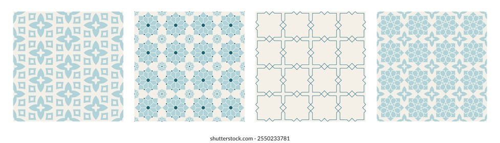 Conjunto de padrões imprimíveis de mosaico geométrico árabe sem emenda com impressão marroquina abstrata em cores azul e laranja. Ramadã Kareem Arte Islâmica Tradicional Ilustração fundo.