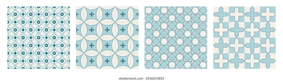 Set of Arabic geometric mosaic printable seamless pattern with abstract Moroccan print in blue and orange colors. Ramadan Kareem Traditional Islamic art Illustration background.