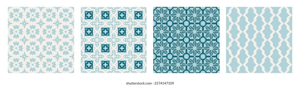 Set of Arabic geometric mosaic printable seamless pattern with abstract Moroccan print in blue and orange colors. Ramadan Kareem Traditional Islamic art Illustration background.