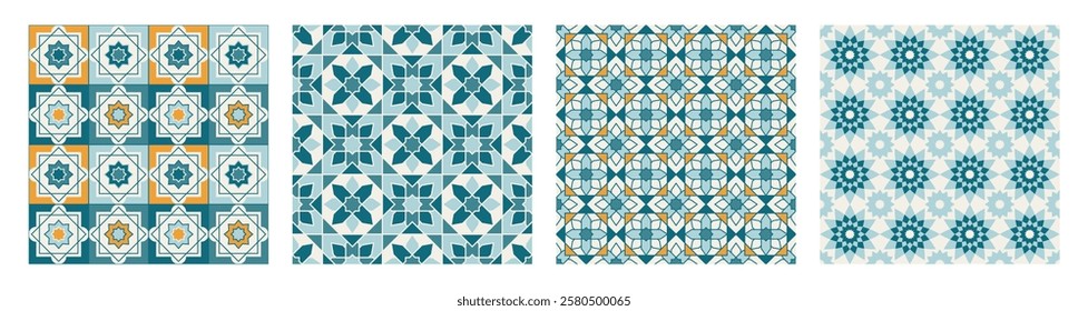 Set of Arabic geometric mosaic printable seamless pattern with abstract Moroccan print in blue and orange colors. Ramadan Kareem Traditional Islamic art Illustration background.