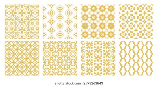 Set of Arabic geometric mosaic printable seamless pattern with abstract Moroccan print in gold colors. Ramadan Kareem Traditional Islamic art Illustration background.