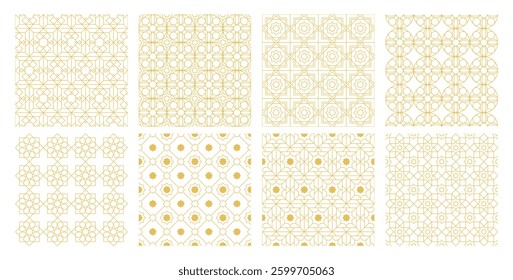Set of Arabic geometric mosaic printable seamless pattern with abstract Moroccan print in gold colors. Ramadan Kareem Traditional Islamic art Illustration background.