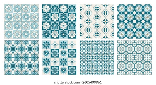 Set of Arabic geometric mosaic printable seamless pattern with abstract Moroccan print in blue and gold colors. Ramadan Kareem Traditional Islamic art Illustration background.