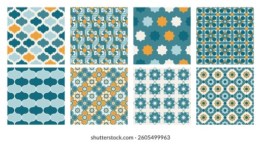 Set of Arabic geometric mosaic printable seamless pattern with abstract Moroccan print in blue and gold colors. Ramadan Kareem Traditional Islamic art Illustration background.