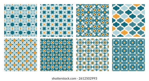 Set of Arabic geometric mosaic printable seamless pattern with abstract Moroccan print in blue and gold colors. Ramadan Kareem Traditional Islamic art Illustration background.