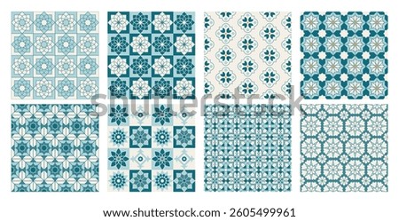 Set of Arabic geometric mosaic printable seamless pattern with abstract Moroccan print in blue and gold colors. Ramadan Kareem Traditional Islamic art Illustration background.