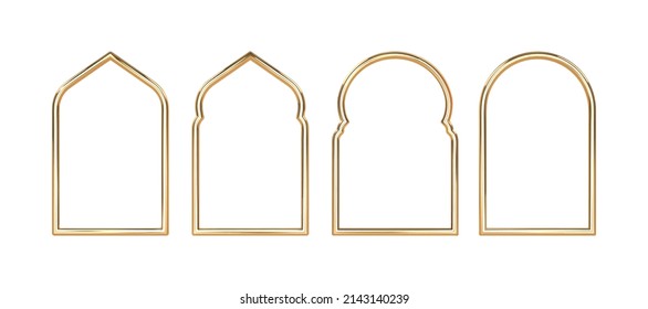 Set arabic golden arch isolated. 3D render islam architecture shape for muslim holidays. Design elements door, frame,window. Realistic vector illustration.