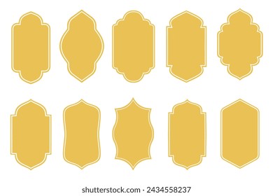 Set of Arabic golden frame with copy space for greeting. Luxury gold arabic islamic Shape. Good for Islamic Ramadan Kareem, Eid Mubarak. Vector illustration. Isolated on transparent background. 