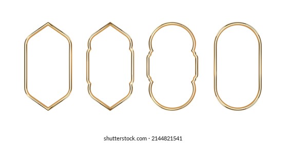 Set Arabic Golden Frame Isolated. 3D Render Islam Architecture Shape For Muslim Holidays. Design Elements Window,door, Frame,. Realistic Vector Illustration.