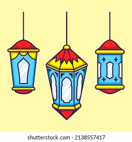 Set of Arabic Hanging Lantern in Cartoon. Ramadan Vector Illustration. Flat Style Concept.