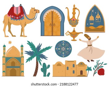 Set of Arabic items isolated on white background. Vector graphics.