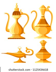 Set of arabic jug and oil lamp illustration. Aladdin magic or genie lamp. Flat style vector illustration. Isolated on white background.