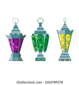 Set of arabic lamps with stained-glass. Vector illustration.