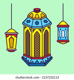 Set of Arabic Lantern in Cartoon. Ramadan Vector Illustration. Flat Style Concept.