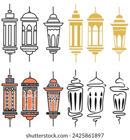Set of arabic lantern designs, for ramadan greetings, lanterns with line, flat, pattern, line art designs.