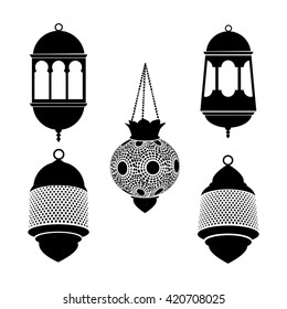Set of arabic lanterns. Black silhouettes of ramadan lamps. Isolated stock vectors. Flat design.