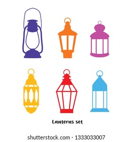 Set of arabic lanterns. Colorful decorative Ramadan lamps icons. Flat design