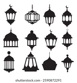 Set of arabic lanterns hanging on white background. Vector illustration.