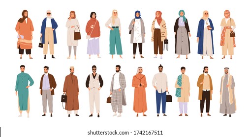 Set of arabic man and woman in hijab vector flat illustration. Collection of stylish muslim business person, male and female in trendy clothes isolated on white. Saudi people in traditional outfit