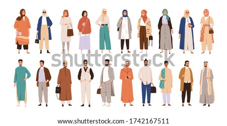 Set of arabic man and woman in hijab vector flat illustration. Collection of stylish muslim business person, male and female in trendy clothes isolated on white. Saudi people in traditional outfit