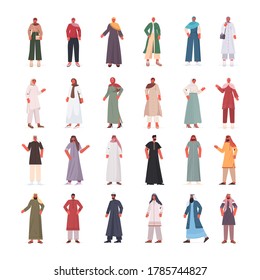 set arabic men women in traditional clothes arab male female cartoon characters collection full length isolated vector illustration